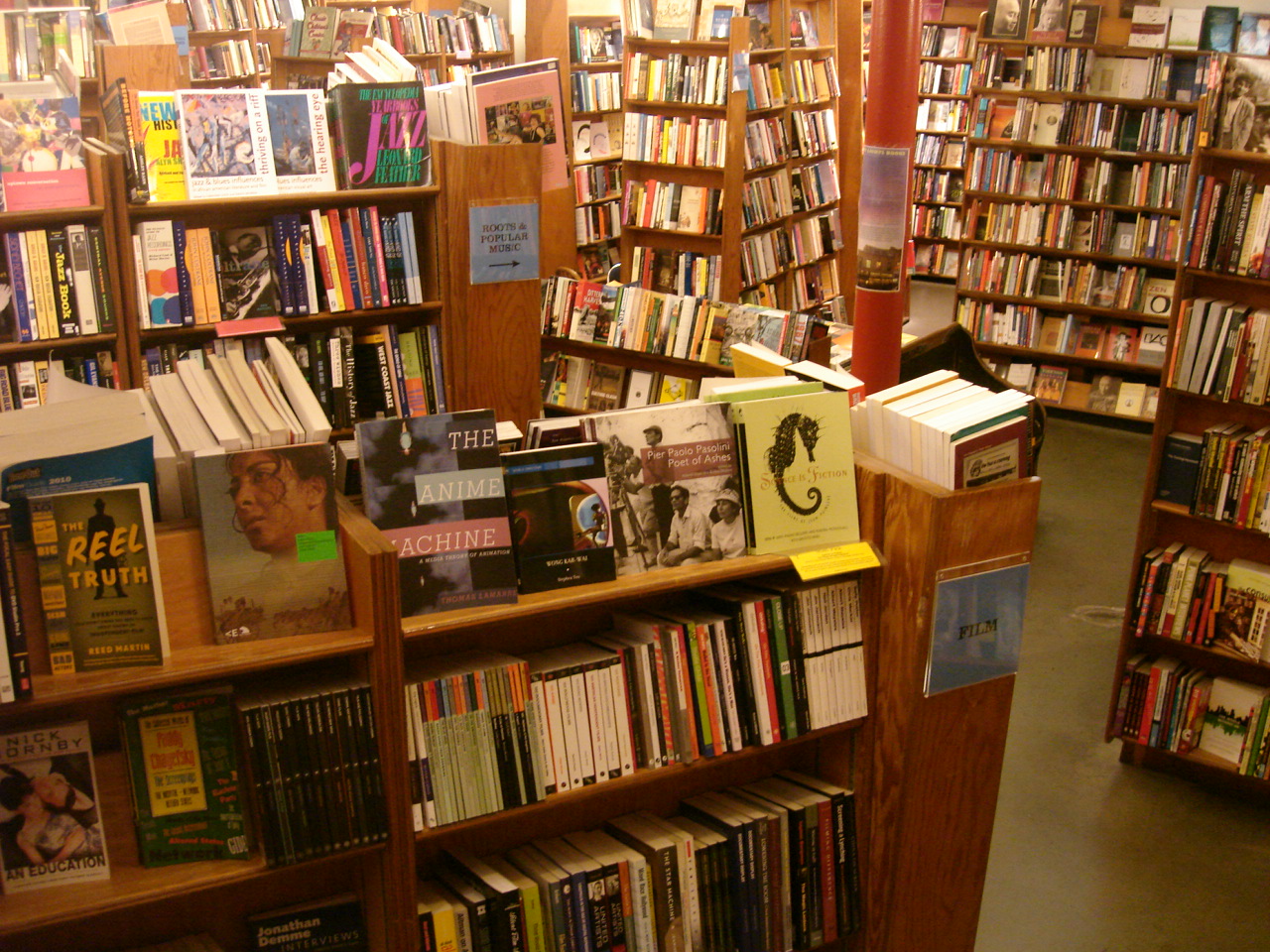 The City Lights basement, filled with bookshelves 