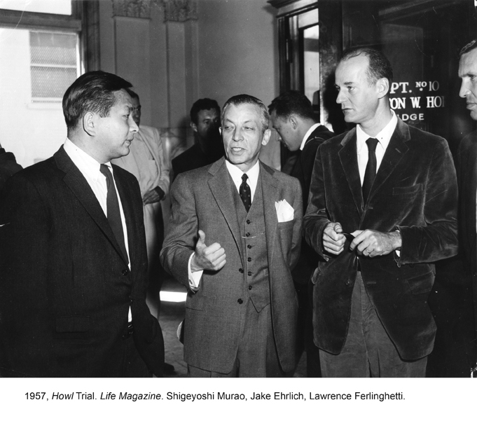 Ferlinghetti and two other men in suits, talking outside the courtroom of the Howl obscenity trial 