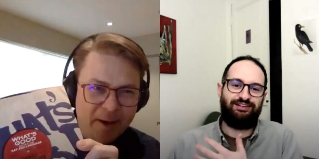 split screen of ian s. port and daniel levin becker, from their conversation on youtube